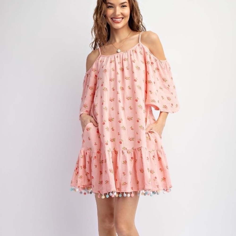 New Easel Cold Shoulder Dress Pom Pom Trim Ruffle Gauze Pink Floral Pockets